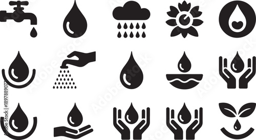 Collection of Water Conservation and Hydration Related Flat Icons Isolated on Transparent Background