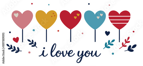 Modern flat valentine's day set featuring colorful heart lollipops, 'i love you' text and decorative leaves for greeting designs