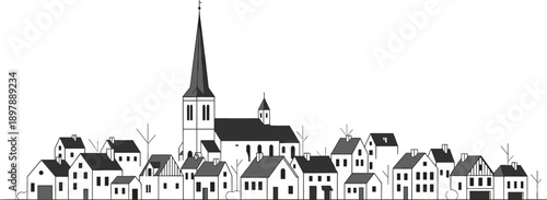 Detailed grayscale illustration of traditional European village with gothic church steeple, houses, trees, winter atmosphere, architectural diversity, and peaceful community setting