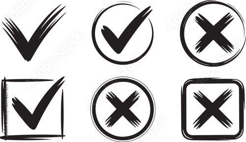 Hand Drawn Check Mark and Cross Symbols in Various Shapes for Approval and Rejection