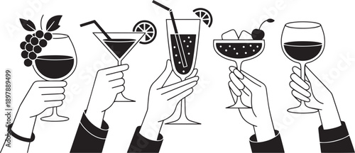Hands Holding Various Cocktail and Wine Glasses for Beverage Illustration