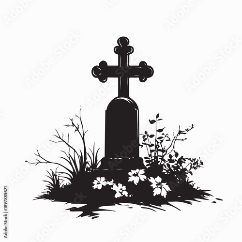 Tombstone Grave Crosses On Graveyard Silhouette Stock Illustration