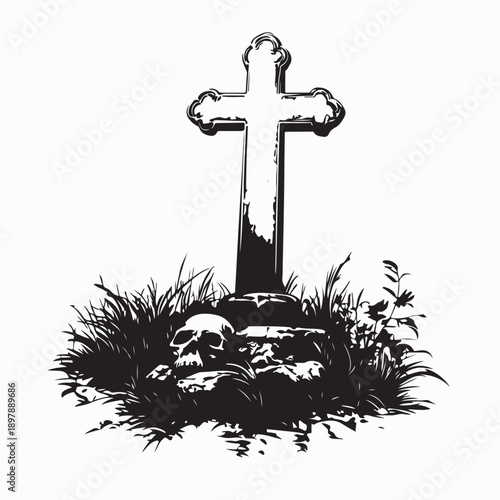 Tombstone Grave Crosses On Graveyard Silhouette Stock Illustration