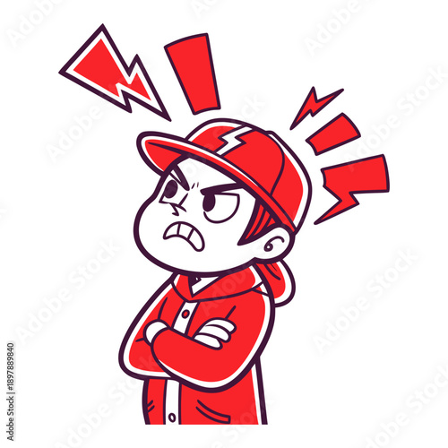 Angry Frustrated Boy in Red Cap with Lightning Bolts of Rage.