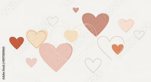 Colorful hearts in various sizes and shades float on a plain white background conveying love and affection in a minimalist style