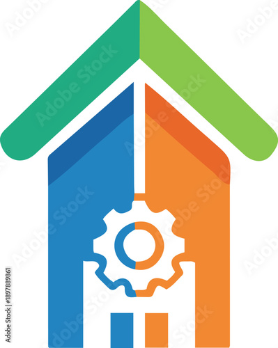 Abstract vector logo design depicting a stylized house or building silhouette with an internal gear symbol, 