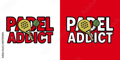 Padel addict logo design with racket and ball on red and white