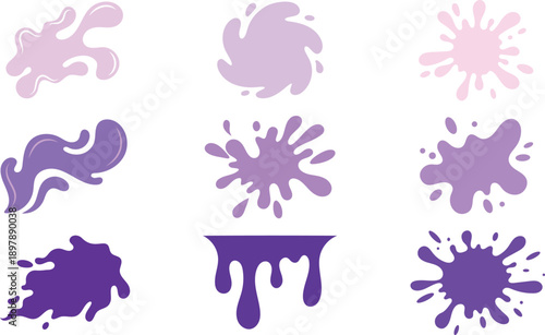 Illustration of set of nine purple and lilac paint splashes, splatters, drips, and blots in various abstract shapes, isolated on white background
