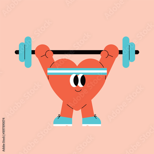 Cute heart mascot exercising with weights to represent heart health.