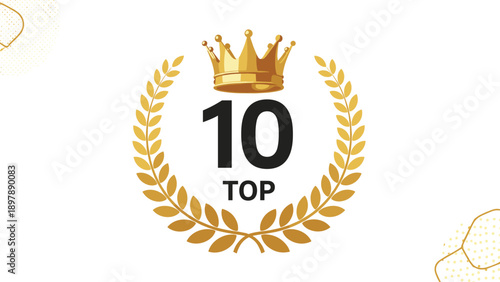 Golden award emblem featuring a crown, laurel wreath, and the text top ten for rankings or best list selections.