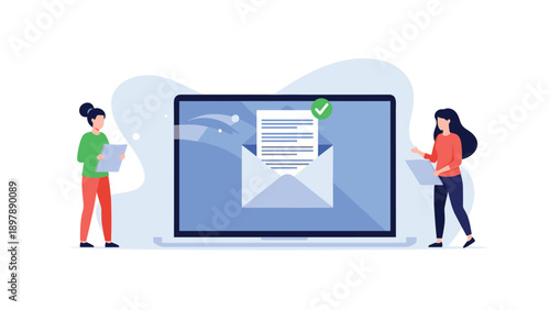 Two women standing beside a large laptop screen showing a sent email with a document and a green checkmark symbol.