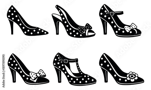 Elegant high heels set featuring polka dots, bows, and straps for fashion and style