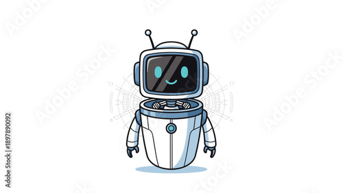 Modern white robot assistant character with a screen head showing a smiling face and antenna on a white background.