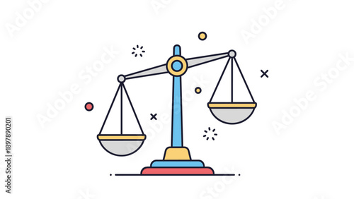 Symbolic representation of justice and equality features a balance scale with colorful decorative elements on white background.