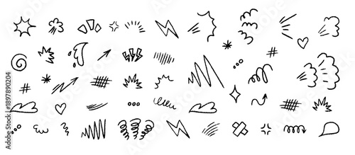Dynamic anime emotion effect set with cartoon doodle lines, arrows, marks and symbols. Hand drawn style for manga, emotion, motion, emphasis, stickers and expressive design elements.