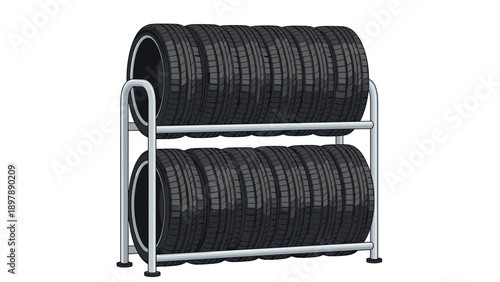 Two tier metal rack filled with new black car tires illustrates automotive maintenance and professional garage storage.