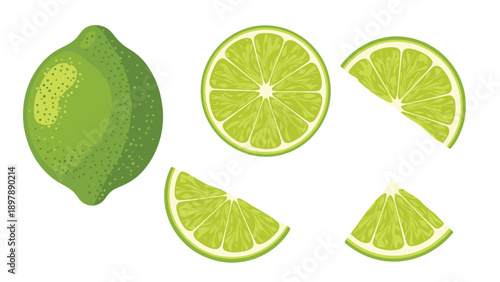 Selection of fresh whole and sliced green limes provides a vibrant visual for healthy food and citrus fruit themes.