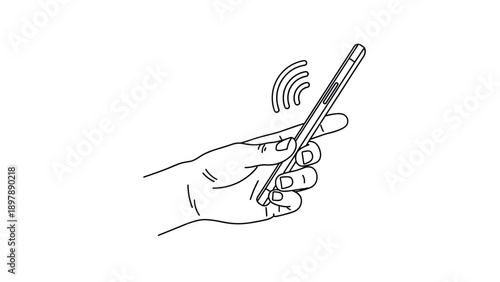 Simple line drawing of a hand holding a mobile phone with wireless signal waves symbolizes modern digital connectivity.