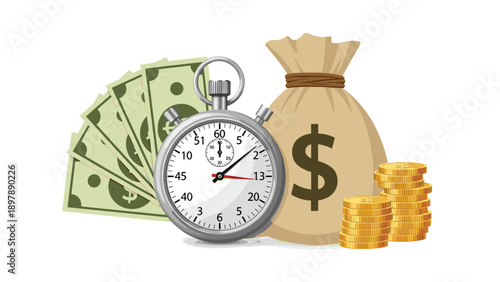 Composition of money bags coins and cash alongside a stopwatch symbolizes the value of time and financial management.