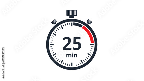 Round countdown timer set to twenty five minutes provides a visual cue for task focus and efficient time management.
