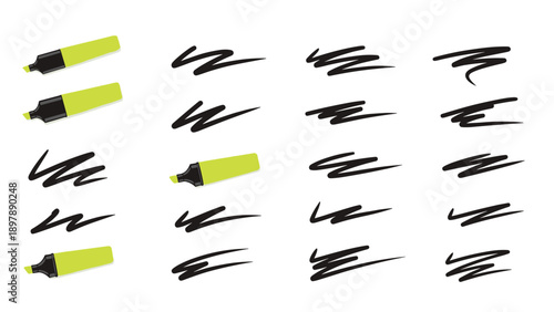 Multiple neon yellow highlighters with various black ink stroke patterns represent study habits and information emphasis.