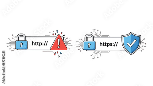 Visual comparison between insecure HTTP and secure HTTPS protocols highlights the importance of website data encryption.