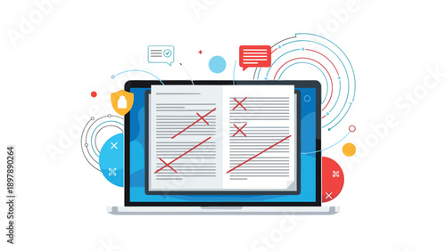 Laptop screen showing a document with red corrections and symbols highlights the process of editing and proofreading content.