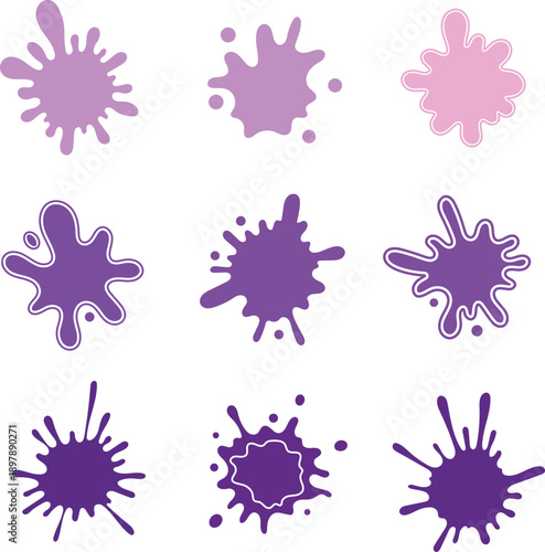 Illustration of set of nine purple paint splatters and ink blots in various shades and styles
