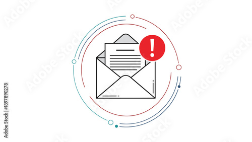 Open envelope with a document and a red exclamation mark alert signifies urgent email notifications or security warnings.