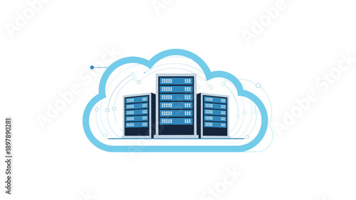 Trio of computer server towers placed within a blue cloud outline symbolizes cloud computing and central data storage.