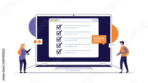 Man and woman organizing tasks on a massive laptop display represents efficient digital workflow and project coordination.
