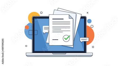 Laptop screen displaying a verified document with bubbles and colorful circles represents secure digital administration.