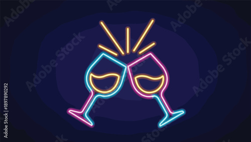Vibrant neon sign of two clinking wine glasses with sparkles represents celebration joy and festive social gatherings.