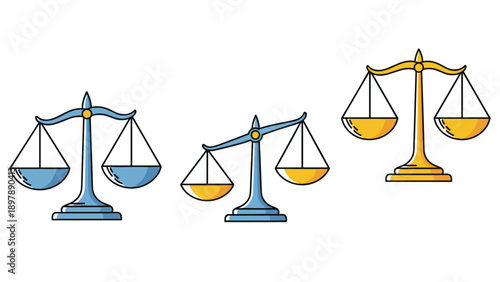 Set of three legal scales of justice in blue and gold colors showing both perfectly balanced and unbalanced positions.