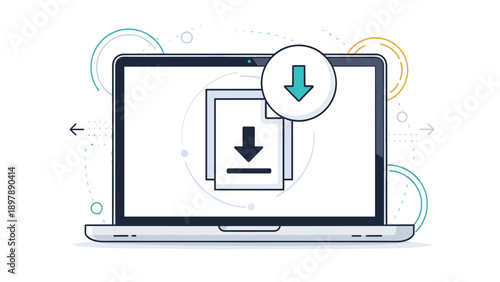 Laptop computer showing a document icon with a downward arrow signifying a successful digital file download process.
