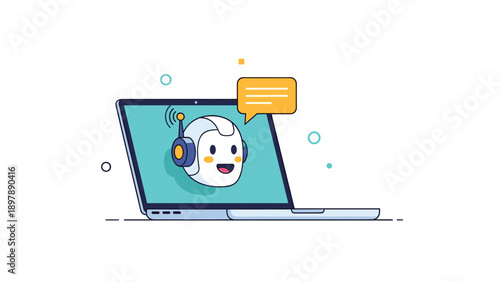 Friendly robot assistant appearing on a laptop screen with a speech bubble representing AI customer support or chatbot.