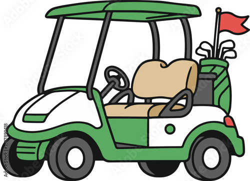 Cartoon vector illustration of a white and green golf cart carrying a bag of clubs with a red flag on the back.