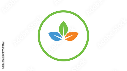 Symmetrical icon featuring three leaves in blue, green, and orange colors enclosed within a bright green circle.