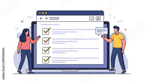 Man and woman interacting with a giant laptop screen displaying a web browser with a checklist and checkmarks.