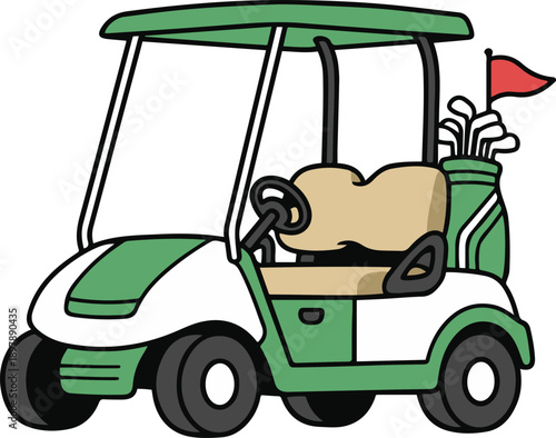 Canvastavla Vector illustration of a white and green golf cart with beige seats, carrying a bag of clubs and a red flag, designed in a cartoon style