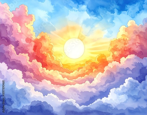 Cartoon sun beaming through colorful, fluffy clouds