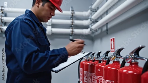 Worker inspecting fire extinguisher safety equipment emergency prevention maintenance check