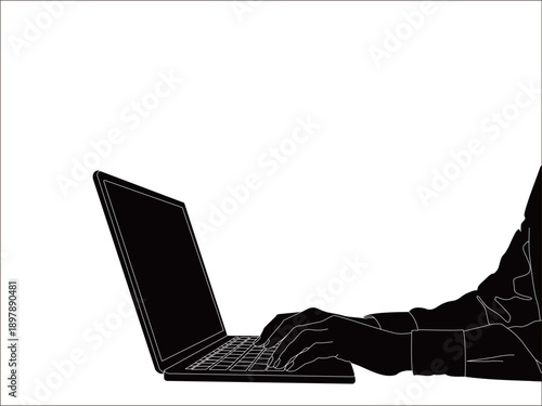 20260202_PCを操作する手シルエット2_Editパソコンを操作する手のシルエット タイピング ビジネス IT テレワーク / Silhouette of hands typing on computer keyboard, business and IT concepts