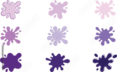 Illustration of set of nine purple paint splatters and ink blots in various shades and styles