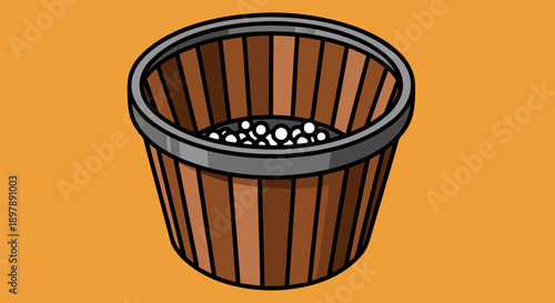 Vector illustration of a wooden trash can filled with small white balls on an orange background