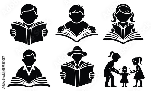 Set bundle world book day silhouette showing people reading literature