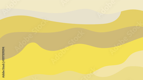 Vector illustration of an abstract yellow sunset landscape with wavy orange sand dunes and mountain silhouettes under a summer sky for a nature backdrop design
