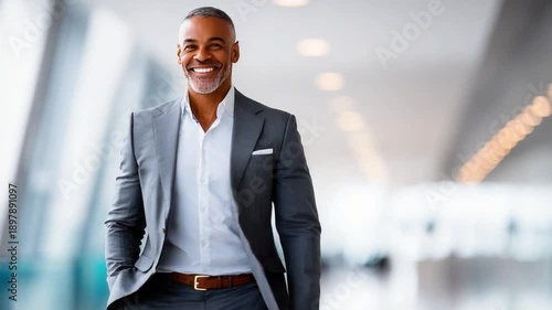 Confident Professional in Modern Architecture: A distinguished professional strides confidently through a modern architectural space, radiating poise and success, personifying business acumen.