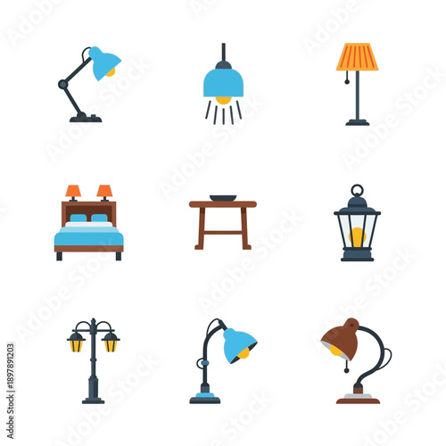 Flat design icons diverse lighting fixtures and furniture elements. Features desk lamps, pendant lights, street lamps, lanterns, a bed, and a table. Ideal for digital interfaces