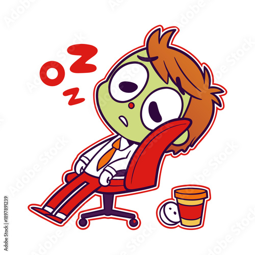 Sleepy Green Zombie Character Dozing Off in Office Chair with Zzz Symbols.